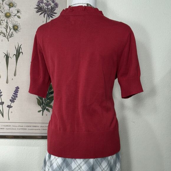 Red Ruffle Tie Front Cardigan Sweater Whimsy Twee Coastal Cowgirl Retro Mod M - Picture 2 of 5